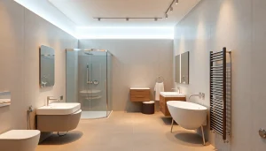 Sonni sanitär GmbH präsentiert hochwertige Badezimmerprodukte in einem eleganten Showroom.