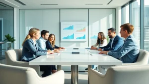 Investment management San Antonio professionals strategizing at a modern conference table.