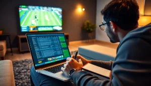 Analyzing sports betting sites South Carolina in a lively home setting with a laptop and TV.
