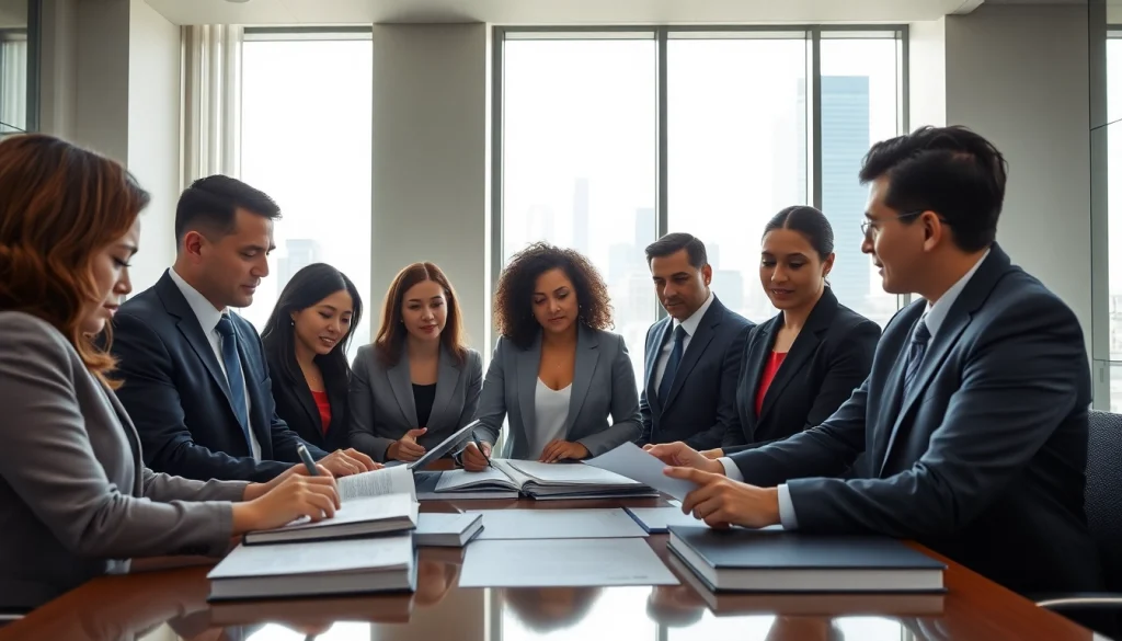 Lawyers in an environmental law firm discussing important legal documents in a bright office.
