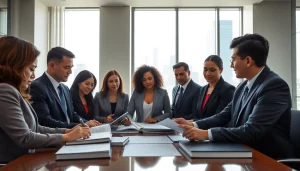 Lawyers in an environmental law firm discussing important legal documents in a bright office.