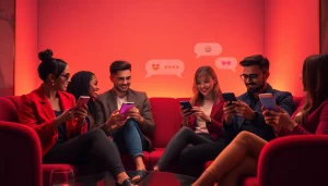 Engaging scene showcasing diverse individuals enjoying sex chat ai on their smartphones in a cozy setting.