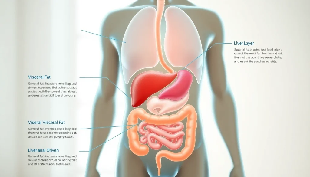 Visual representation of visceral fat's harmful impact on internal organs in an anatomical diagram.