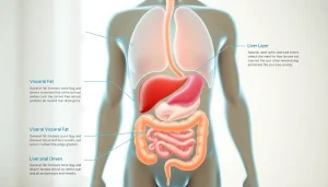 Visual representation of visceral fat's harmful impact on internal organs in an anatomical diagram.