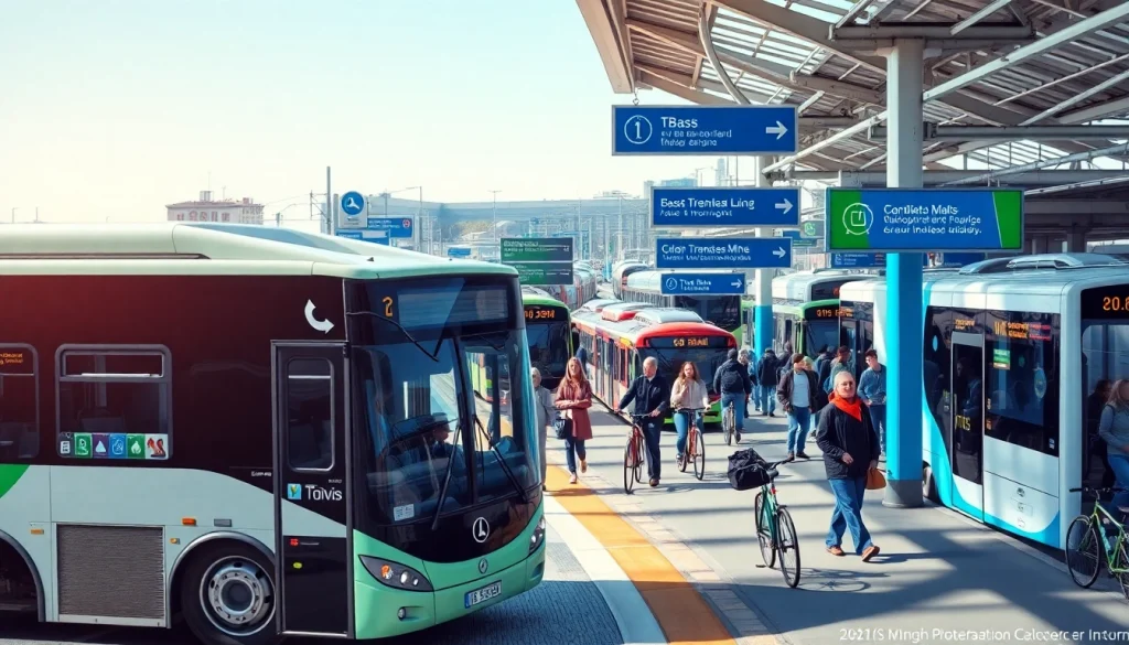 Transportation methods in a vibrant urban setting, showcasing buses and commuters.