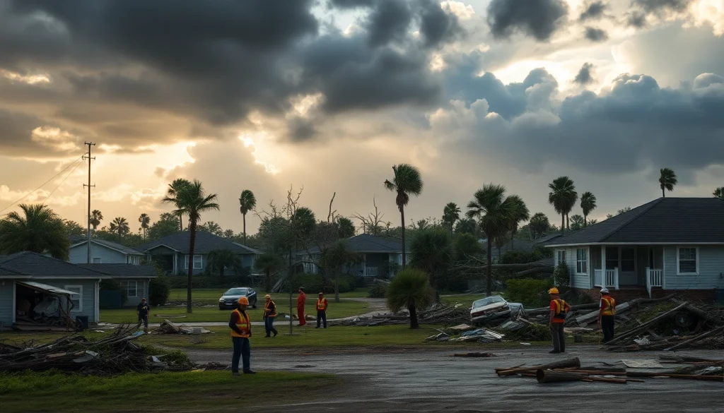 Assessing Florida hurricane damage with rescue teams and debris, showcasing resilience and recovery efforts.