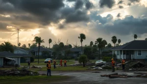 Assessing Florida hurricane damage with rescue teams and debris, showcasing resilience and recovery efforts.