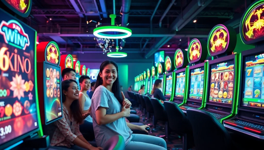 Exciting gaming environment with players enjoying hoki138 pro slots online, showcasing modern technology and vibrant colors.