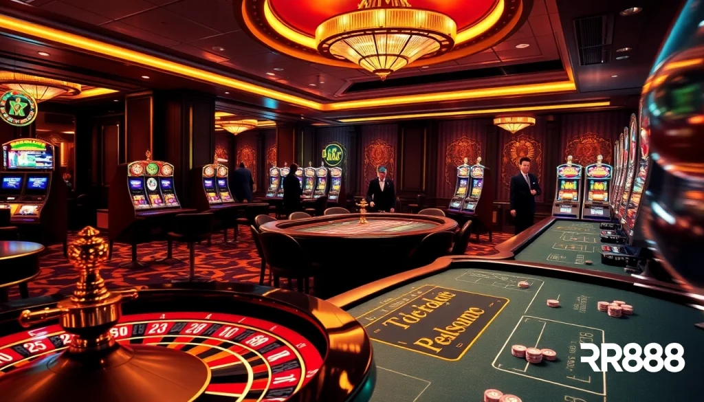 RR88 casino scene showcasing vibrant slot machines and engaging poker action.