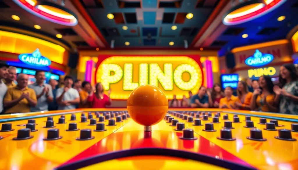 Mainkan situs plinko dengan bola yang siap jatuh dalam suasana kasino yang ceria.