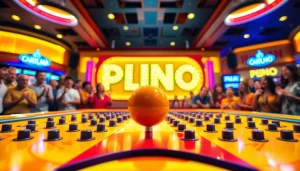 Mainkan situs plinko dengan bola yang siap jatuh dalam suasana kasino yang ceria.