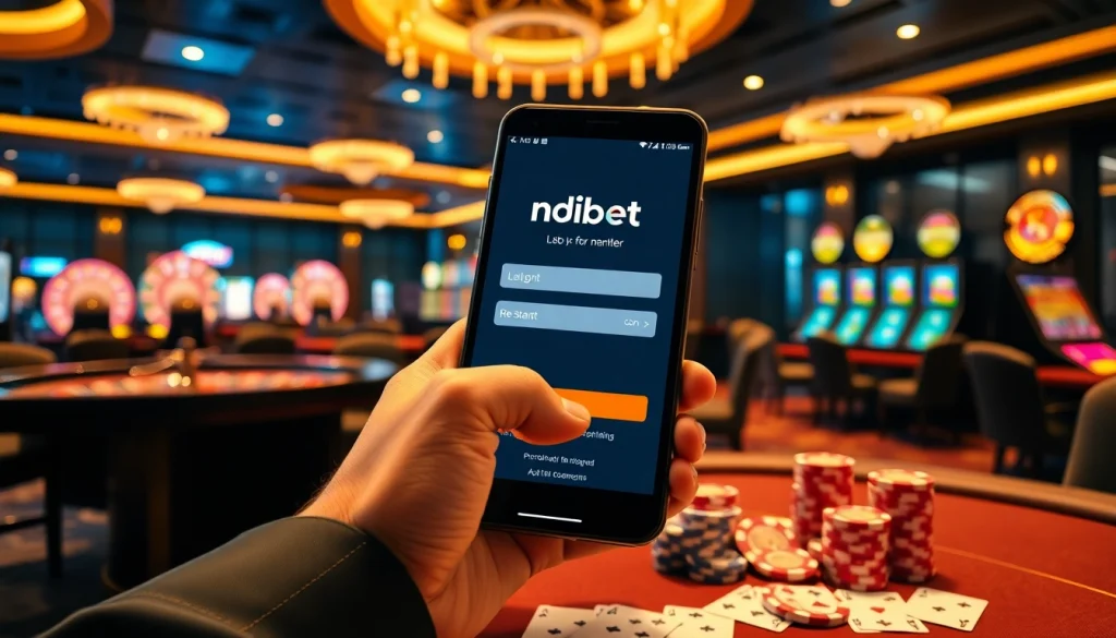 Login to Indibet app for mobile sports betting amidst a vibrant casino atmosphere.
