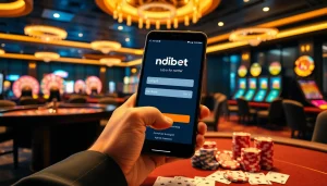 Login to Indibet app for mobile sports betting amidst a vibrant casino atmosphere.