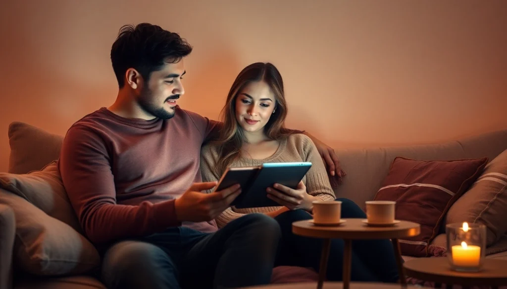 Couple exploring intimate topics with AI chatbot in cozy living room setting, highlighting sex ai.