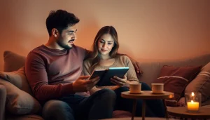Couple exploring intimate topics with AI chatbot in cozy living room setting, highlighting sex ai.