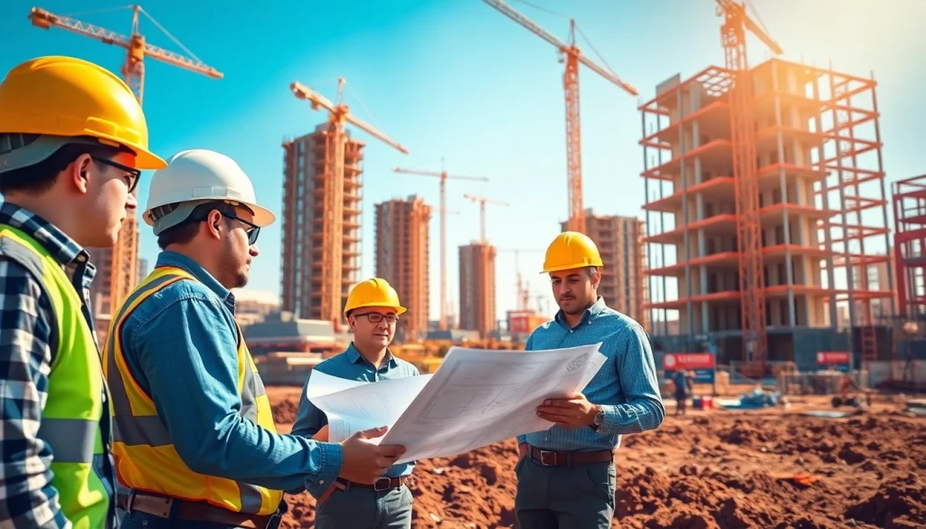 Workers engaging in Austin construction with blueprints and cranes in an active building site.
