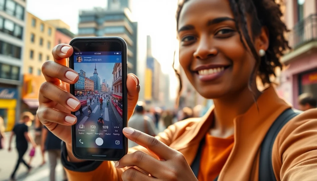 Engaging influencer using monetize instagram stories link showcased on a smartphone against a vibrant city backdrop.