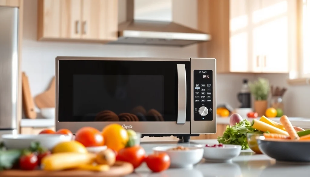 Discover the functionality of an affordable microwave oven displayed in a modern kitchen setting.