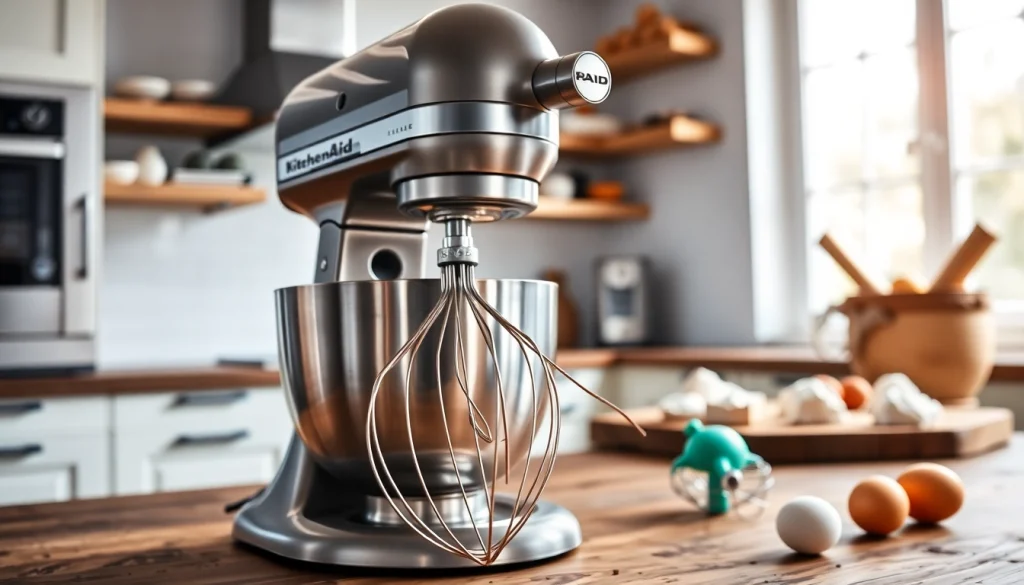 Baking with a KitchenAid mixer NZ showcasing color and versatility in a sunny kitchen.