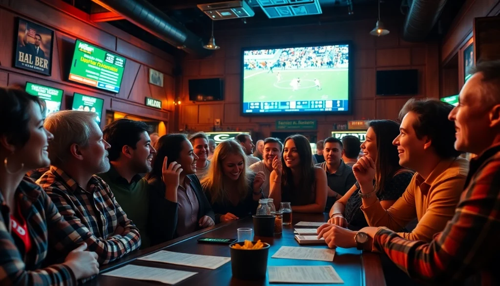 Engaged friends enjoying sports betting sites Oklahoma with live action in a lively bar setting.