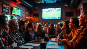 Engaged friends enjoying sports betting sites Oklahoma with live action in a lively bar setting.