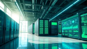 Visual representation of dogecoin cloud mining in a state-of-the-art facility powered by renewable energy.