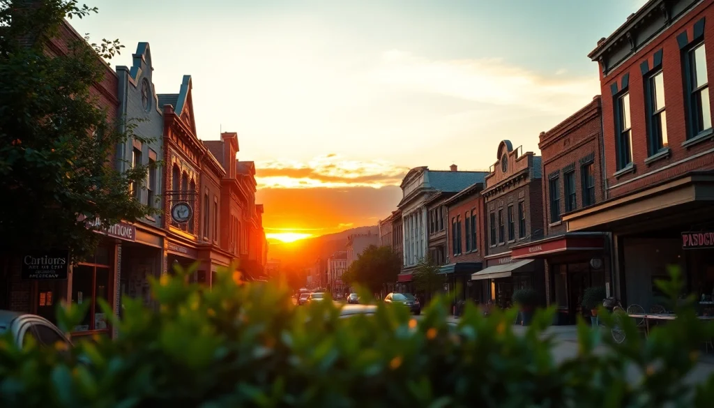 Discover Clarksburg’s picturesque downtown streets with historic architecture and vibrant sunset.