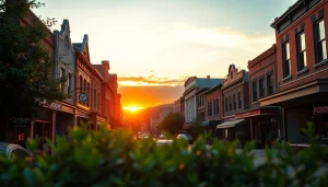 Discover Clarksburg’s picturesque downtown streets with historic architecture and vibrant sunset.