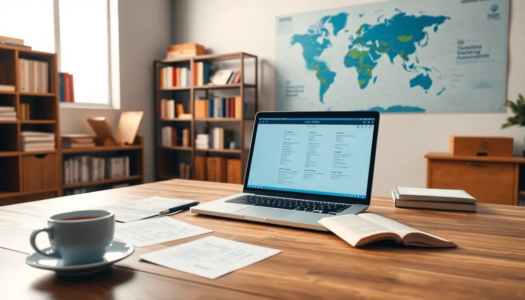 Professional workspace showcasing traducere autorizată services with books, laptop, and documents.