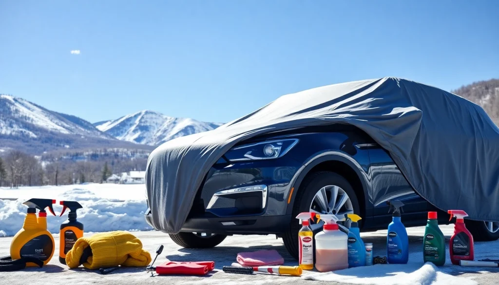 Enhance winter car protection Chattanooga with detailing tools and a sleek vehicle in a serene setting.