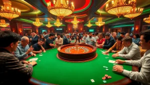 Players enjoying high-stakes roulette at nk88 casino, surrounded by vibrant gaming elements.