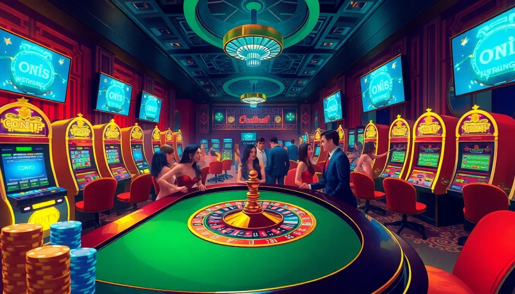 The hidden wiki official influences the allure of a vibrant casino scene featuring a roulette table and digital .onion displays.