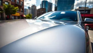 Showcasing PPF Chattanooga on a glossy car in a vibrant urban setting.