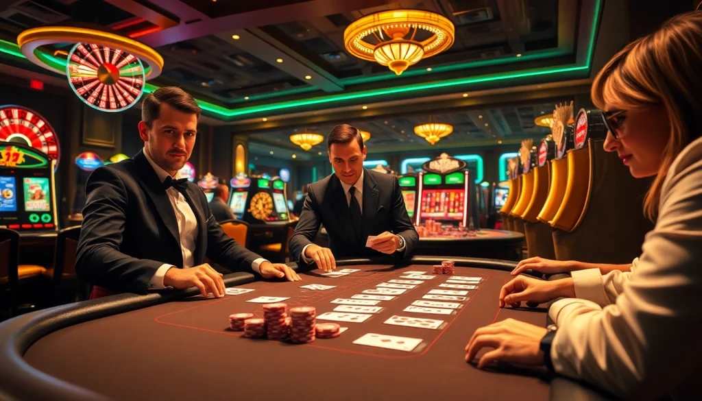 Engaging gambling scene featuring players at a poker table, highlighting xo88t3 in betting elements.