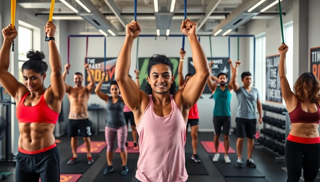 Individuals using resistance bands for pull-ups in a modern fitness studio, highlighting various band types and vibrant colors.