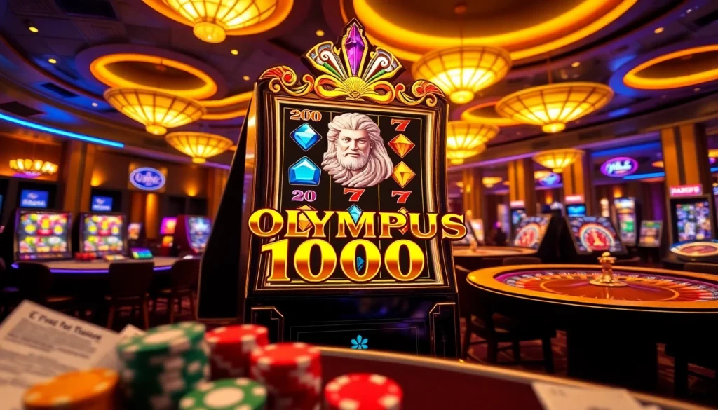 Seorang pemain memutar gulungan pada mesin slot Olympus 1000 di tengah suasana kasino mewah.