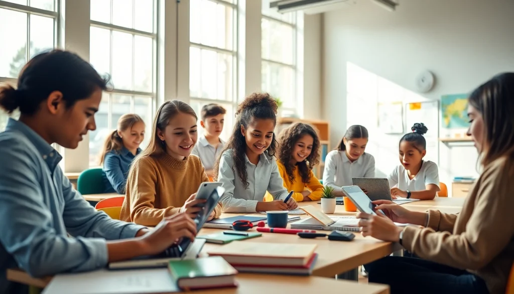 Education environment with diverse students engaging in collaborative learning activities