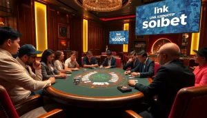Engaging poker players at a luxurious table showcasing link alternatif sbobet within a vibrant casino scene.