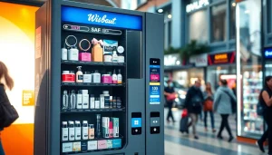 Beauty vending machine displaying a variety of beauty products in a vibrant urban setting.
