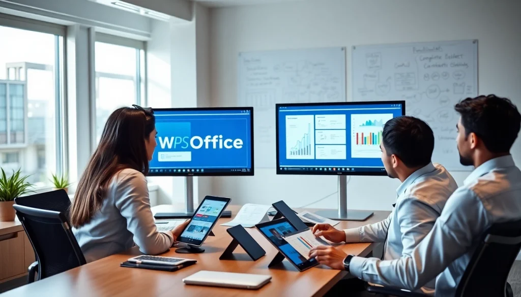 现代办公室中的动态协作，展示 WPS官网 的功能与生产力工具。