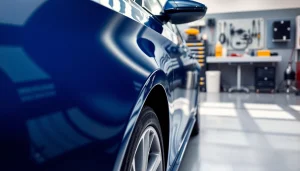 Ceramic coating near me applied to a car, showcasing shine and protection in a professional setting.