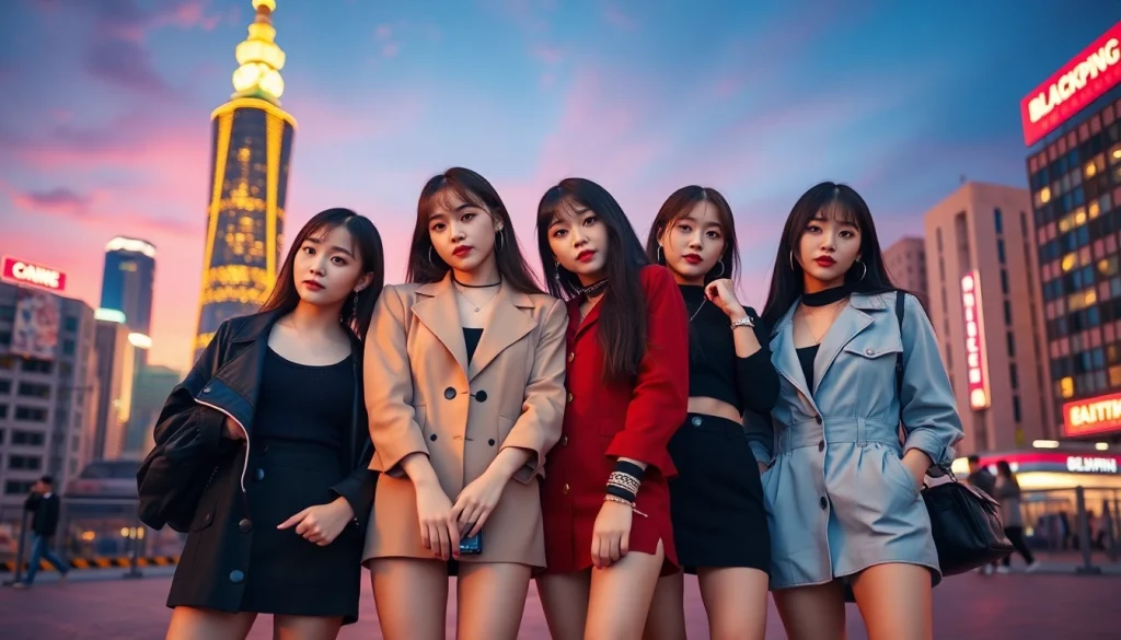 Blackpink members pose powerfully in stylish outfits against a vibrant city background.