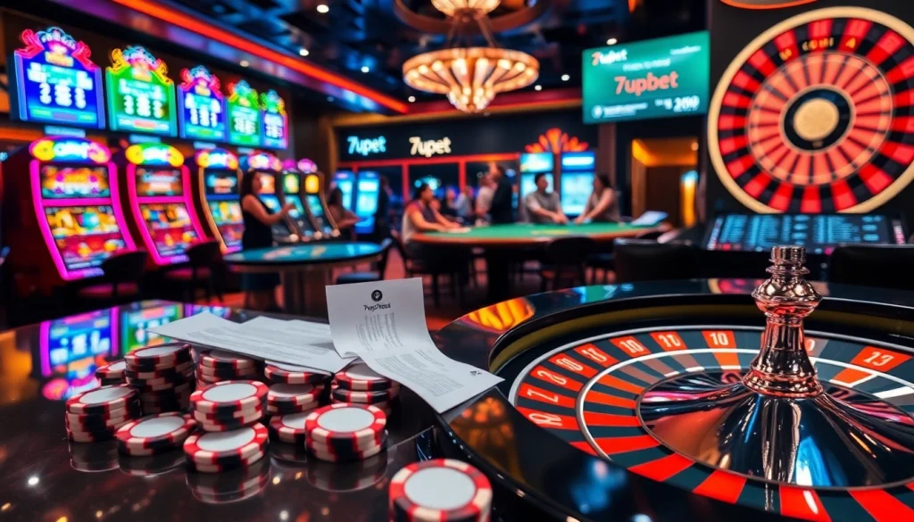 7upbet online gambling action showcasing vibrant slot machines and a poker table.