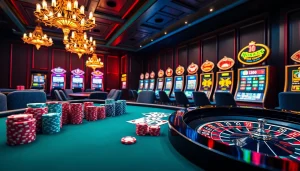 Experience the luxury of gambling at hay.win with a vibrant poker table and roulette wheel.