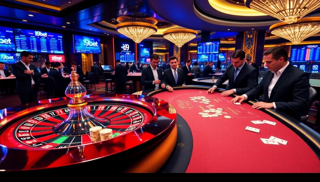 Elegant players placing bets at i9bet tables in a luxurious casino environment.