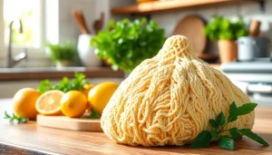 Use a kitchen loofah effectively while preparing fresh dishes in a vibrant kitchen.