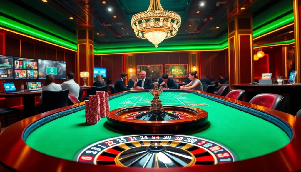 RR88 players enjoying an exciting casino atmosphere with poker chips and roulette wheel.
