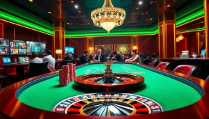 RR88 players enjoying an exciting casino atmosphere with poker chips and roulette wheel.