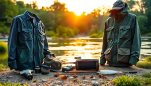 Model showcasing fly fishing apparel in a tranquil river setting during sunrise.