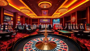 Experience thrilling gaming action at U8888 with a panoramic view of vibrant casino tables and live dealers.